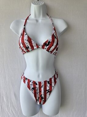 Red & White Striped Triangle Bikini Set with Black Accent